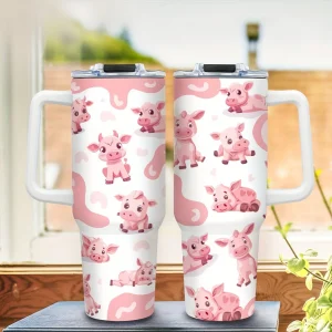 1pc 40oz Cute Pink Cow Mug with Handle and Straw Lid