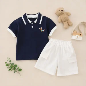 2Pcs Set Navy Contrast Collar Polo Shirt With White Cargo Pocket Shorts